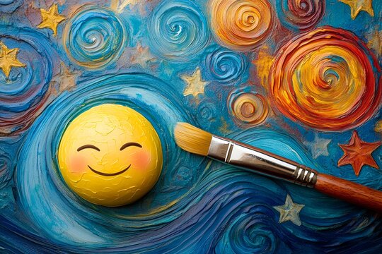 Smiling emoji and paintbrush on colorful starry background
