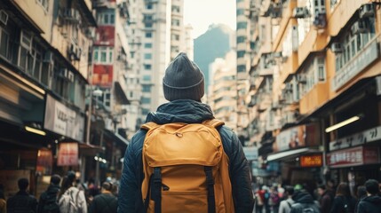 Person stands looking up in a crowded urban city environment