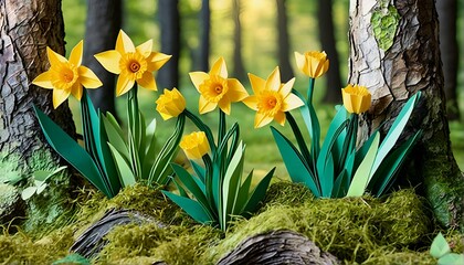 Fototapeta premium Origami Daffodils in Moss.