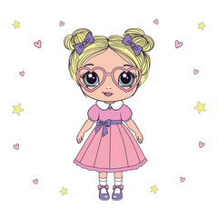 The princess is a sweet little princess. A hand-drawn beautiful, pretty, romantic curly-haired girl Princess. Vector illustration.