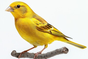Fototapeta premium Vibrant yellow canary perched on a branch against a clean white background