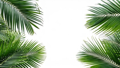 Fototapeta premium Green palm tree leaves overlay texture, border of fresh green tropical plants isolated on white background