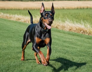 dobermann dog running outdoors  in the countryside, doberman in the nature, guard dog in the meadwon