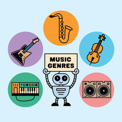 2d vector illustration icon cool entertainment cartoon character  music tools (Drum , Music Note , Headphones ,Microphone , Piano , Guitar ,Record) 
