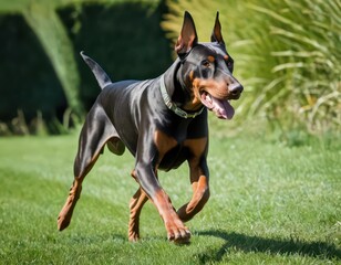 dobermann dog running outdoors in a green grass field, doberman in the garden of a farm holydays, dog guarding a mansion property in the meadown