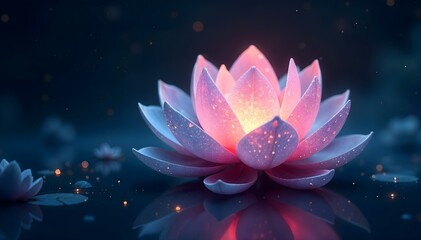 3D Floating Crystalline Lotus Flower with Shimmering Petals in a Tranquil Void, Geometric Fractal Design

