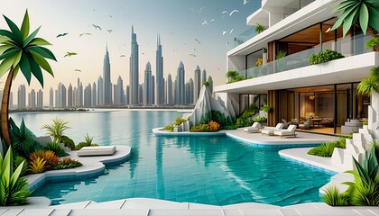 Fototapeta premium luxury villa with private pool overlooking a bustling city skyline at sunset.