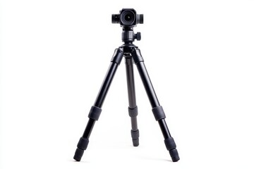 Black tripod isolated on white background. Professional photography equipment, stable support for cameras