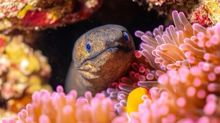A moray eel peeking out from a rocky crevice in a colorful coral reef, surrounded by sea anemones and clownfish darting between the tentacles.
