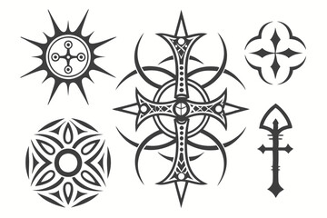 20 Dark tribal tattoo designs, gothic symmetrical patterns, intricate black and white illustrations, biomechanical skeletal motifs, sharp spiky shapes, ornate vertical emblems, mystical symbolic icons