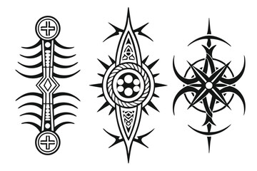 20 Dark tribal tattoo designs, gothic symmetrical patterns, intricate black and white illustrations, biomechanical skeletal motifs, sharp spiky shapes, ornate vertical emblems, mystical symbolic icons