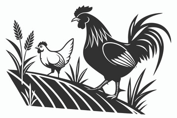 21 Silhouette, rooster, chicken, black and white, minimalist, profile view, standing pose, graphic design, sharp contrast, simplified shape, farm animal, poultry, bold outline, striking image, clean l