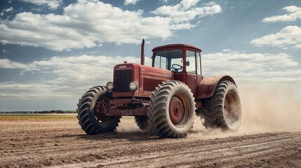 A vintage tractor at work in a dusty field, cultivating the earth with worn tires and a classic design, surrounded by an open rural landscape.