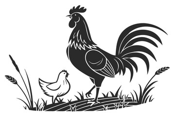 21 Silhouette, rooster, chicken, black and white, minimalist, profile view, standing pose, graphic design, sharp contrast, simplified shape, farm animal, poultry, bold outline, striking image, clean l