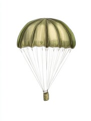 Olive green parachute descending, detailed illustration against a white background. Canvas canopy, suspension lines
