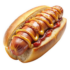 A delicious hot dog topped with mustard and ketchup, served in a fresh bun, perfect for backyard barbecues and summer picnics.