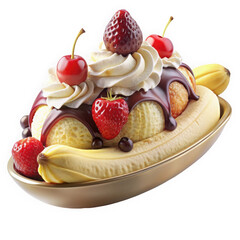 A delicious banana split featuring banana slices, whipped cream, strawberries, cherries, and a drizzle of chocolate sauce, presented in a golden bowl.