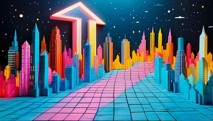 Obraz premium a futuristic cityscape with a grid-like pattern of buildings and roads set against a starry night sky.