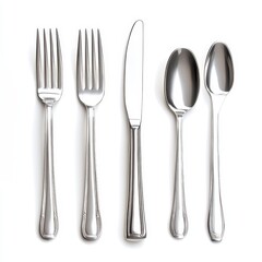 Silverware set against a white background. Includes fork, knife, and spoons