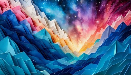 Abstract origami mountains against a starry sky.