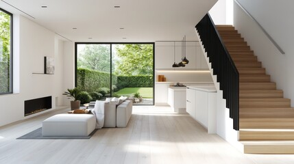 Obraz premium A contemporary living room and kitchen with white walls and light wood flooring