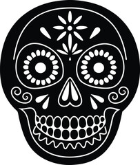 Simple Black and White Sugar Skull Silhouette with Floral Accents and Detailed Features