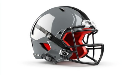Naklejka premium Gray and black football helmet with red accents, shown in a three quarter view against a white background