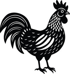 Silhouette of a Rooster, Decorative Black and White Animal Illustration, Bird Icon
