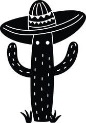 Cactus Character Sombrero, Black and White, Minimalist Style, Desert Plant