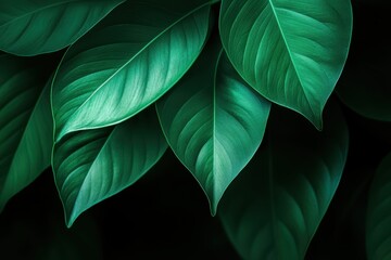Obraz premium 深い緑色の葉が黒い背景に際立つ自然の美しさや生命力を表す瞬間