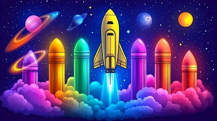 Colorful rockets blasting off into space with celestial bodies present