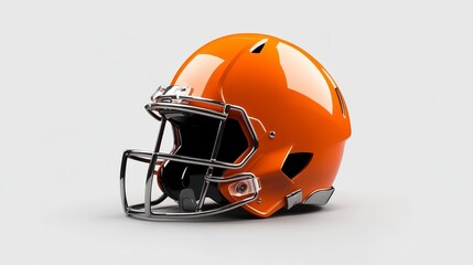 Fototapeta premium Close up view of an orange football helmet with a chrome facemask, set against a neutral gray background. The helmet is