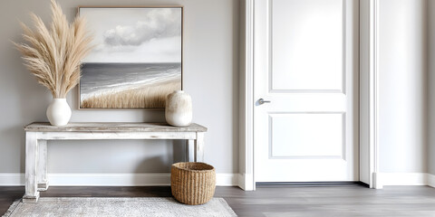 Creative interior concept. Scandinavian Minimalist White hallway entryway with rustic console table and decor pampas grass vase, painting, sunlight shining. Template for product presentation. Mock up