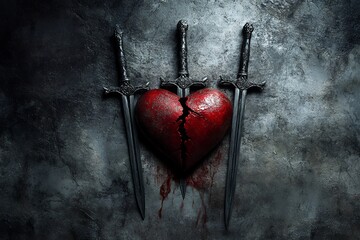 Cracked red heart with three swords against dark textured background