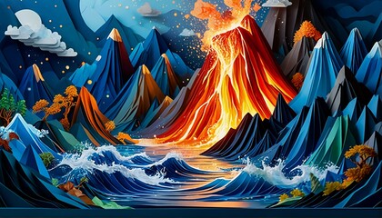 Obraz premium a volcano erupting into the ocean at night.