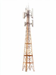 Tall metal telecommunication tower against a white background. The tower is rusty orange with white antennas at the