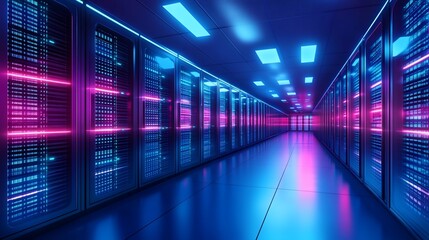 Fototapeta premium Futuristic server room bathed in vibrant neon lights. A long corridor filled with rows of computer servers, showcasing advanced technology and data storage