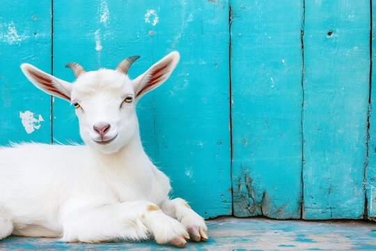 White goat relaxing against rustic blue wooden fence