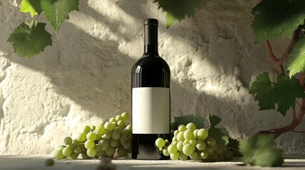 Fototapeta premium Stylish Wine Bottle in Sunlight with White Grapes
