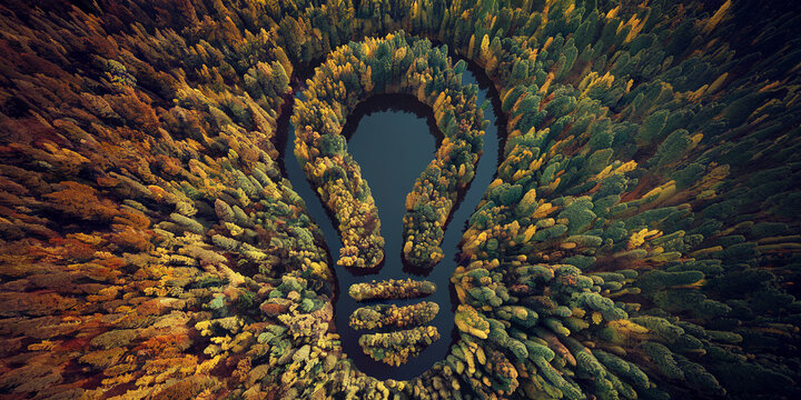 Aerial view of autumn forest forming lightbulb shape, symbolizing green energy, nature's power, and environmental consciousness, ideal for eco-related projects
