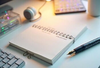 Frame with office equipment on white desk