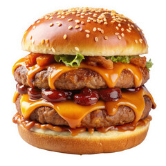 A towering double cheeseburger stacked with melted cheese, crispy bacon, fresh lettuce, and savory sauces, all on a golden sesame seed bun.