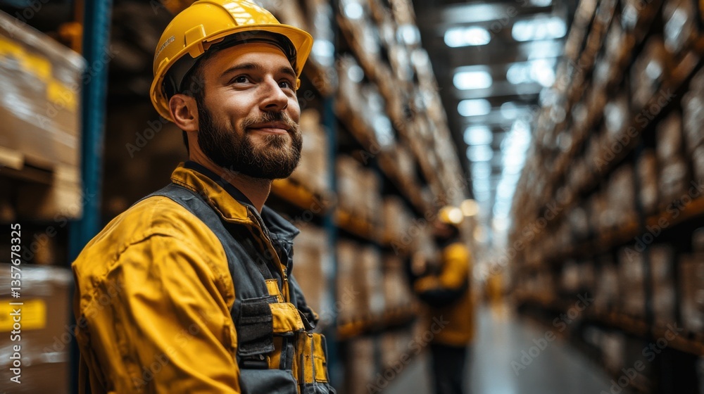Poster a warehouse employee in a yellow helmet stands confidently in a logistics hub filled with shelves of