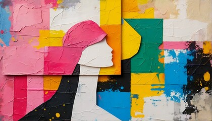 Fototapeta premium A colorful abstract art piece featuring a silhouette of a woman's head and shoulder.