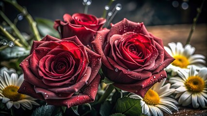 Hibiscus flowers with green leaves and garland Bouquet of daisies in a basket on a Bouquet of red roses with daisies on flower background