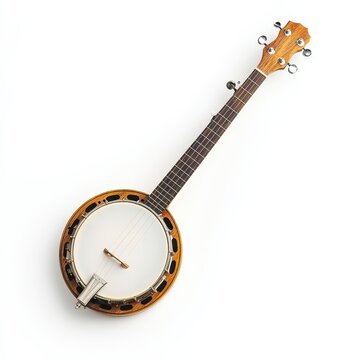 Vintage banjo with wooden neck and circular body against a white background. 