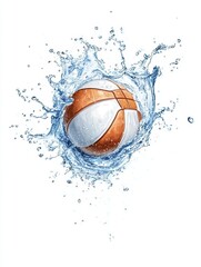 Water splashing around a white and brown ball. Close up shot against a white background