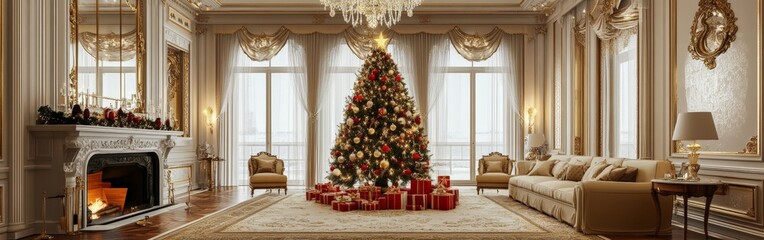 Luxurious Christmas Tree Decorated with Gold and Red Ornaments in an Elegant Mansion