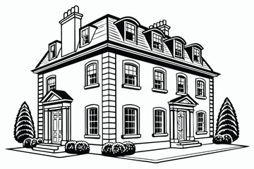 25 Black and white illustration, Georgian-style house, symmetrical facade, three dormer windows, four chimneys, double-story building, ornate windows, central front door, topiary trees, detailed archi
