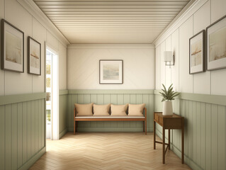 Fototapeta premium Modern hallway with wainscotting wall panelling in neutral and light sage. Hall with wood panels, minimalist natural wood furniture and artwork on the wall.